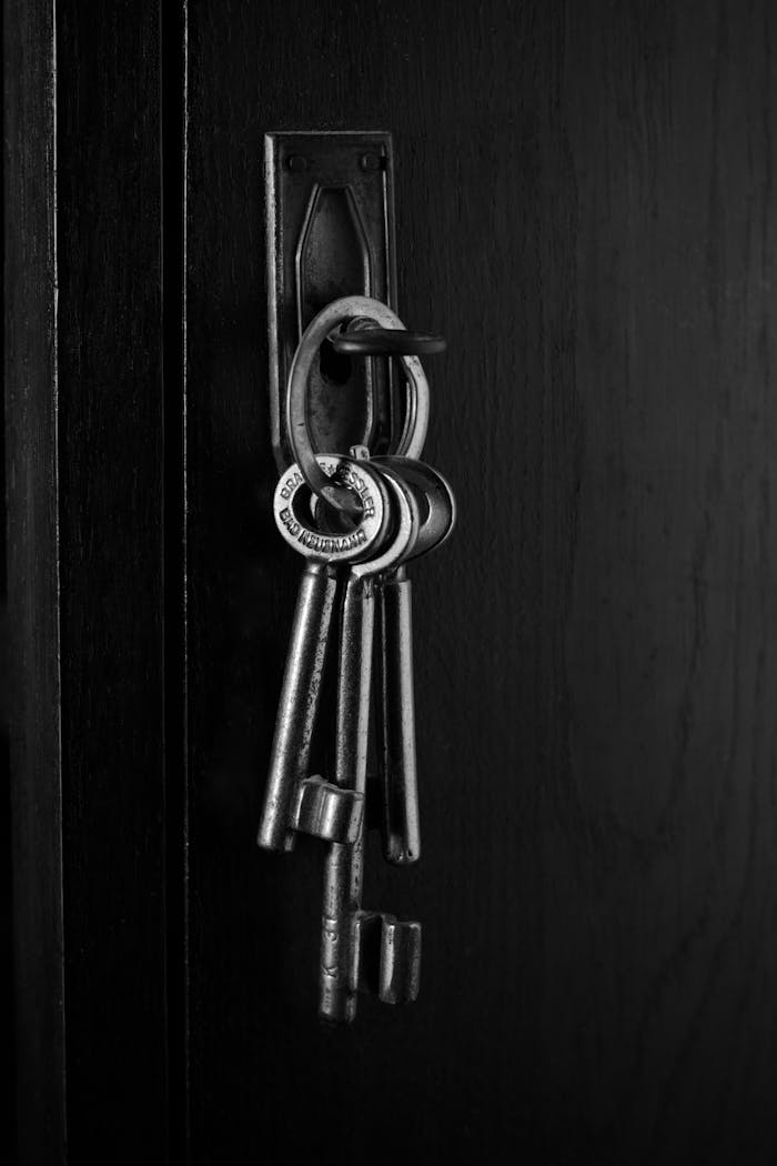 services-02 Monochrome image of vintage skeleton keys hanging from a dark wood door, evoking mystery.